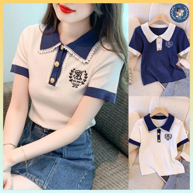 [A241] Áo len thun nữ Montoghi hàng dệt kim CỔ BÈO REN phối LOGO 97 tay ngắn Quảng Châu thanh lịch - L2M (Top Women Fashion Nhung Sen ) 【 hoa hồng  