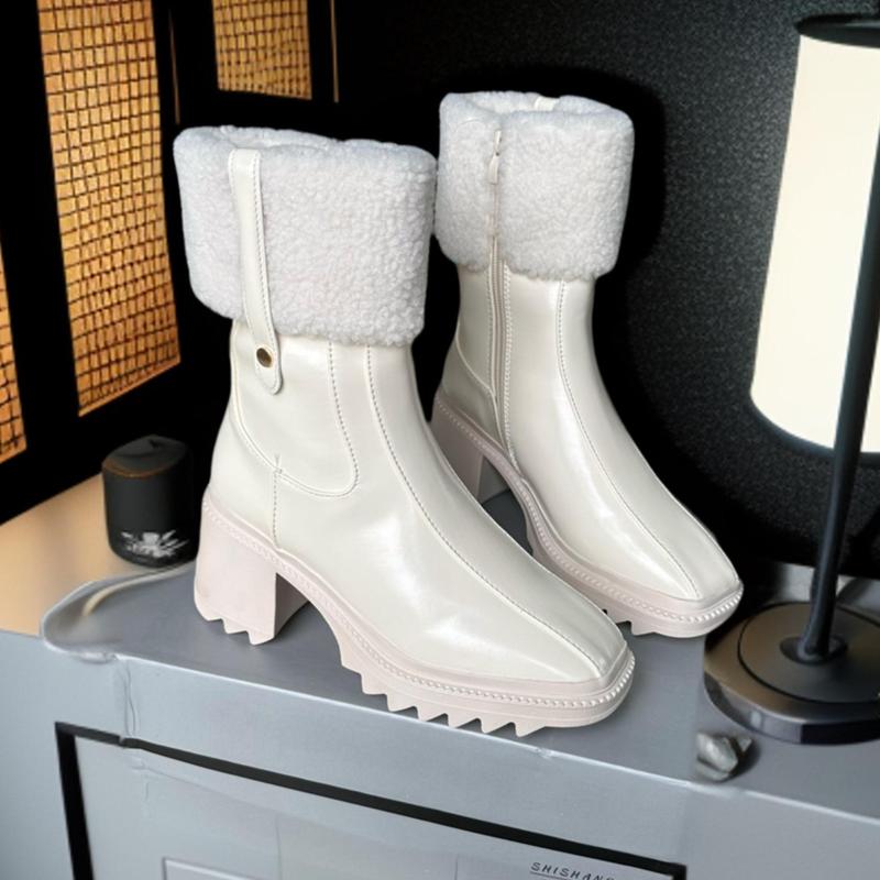 Bốt nữ cổ lửng khoá kéo chất da phối lông QCCC đế 7cm Camell (Ảnh thật) Shoes Boot