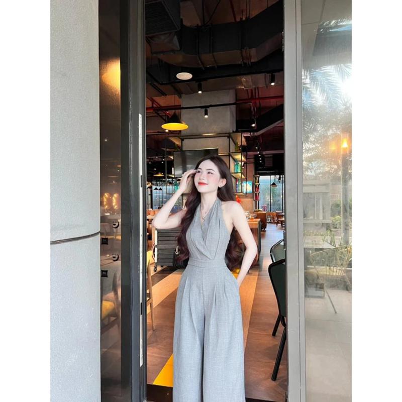 YẾM JUMPSUIT XẺ NGỰC Cột nơ sau QUẦN ỐNG RỘNG jum cổ yếm quần xuông sang chảnh 3