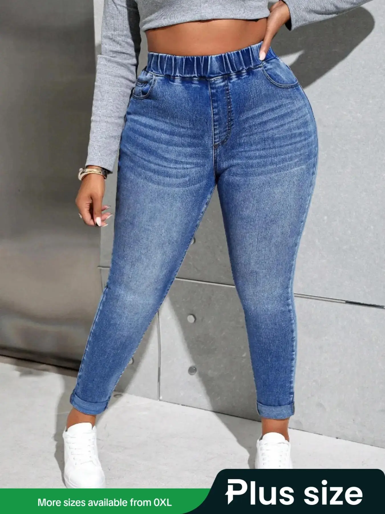 【Plus Size】 Solid Elastic Waist Skinny Jeans, Casual Fit Fashion Pocket Design Denim Pants for Daily Outdoor Wear, Women Clothing for Fall & Winter, Gift Set