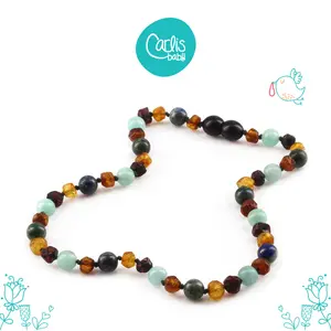 AGL53 Kalung Amber Tumbuh Gigi Bayi dengan Azurite & Peru Amazonite By Carlis Baby