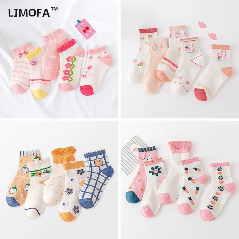 Summer Ancklet Socks For Girls 1-13 Years Thin Cotton  Pink Flowers 5 Pairs