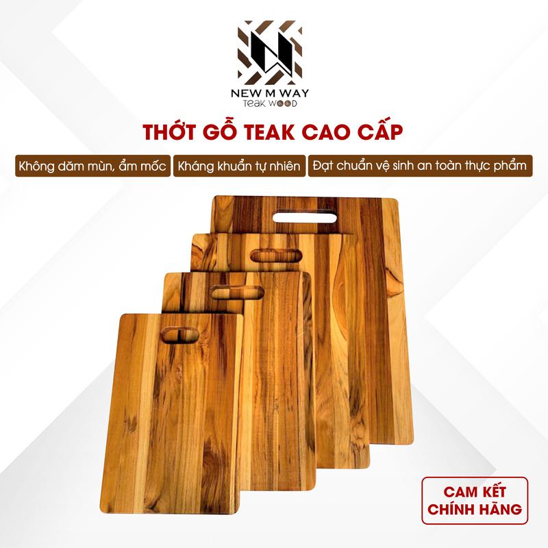  Thớt gỗ teak NEW M WAY cao cấp hình chữ nhật có tay nắm đạt tiêu chuẩn VSATTP trang trí cắt thái thức ăn siêu đẹp siêu bền 