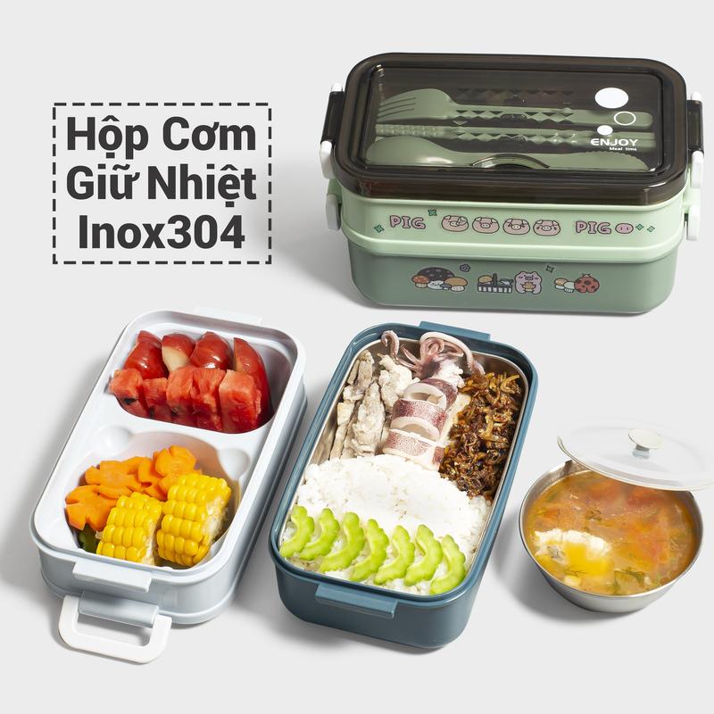 Hộp cơm giữ nhiệt 2 tầng Enjoy Lunch 1600ml có khay inox 304 Fan House gửi kèm bộ đũa thìa cốc canh