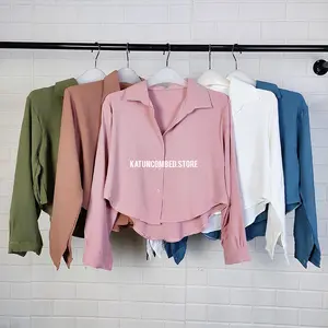 KEMEJA CROP WANITA CRINKLE LENGAN PANJANG