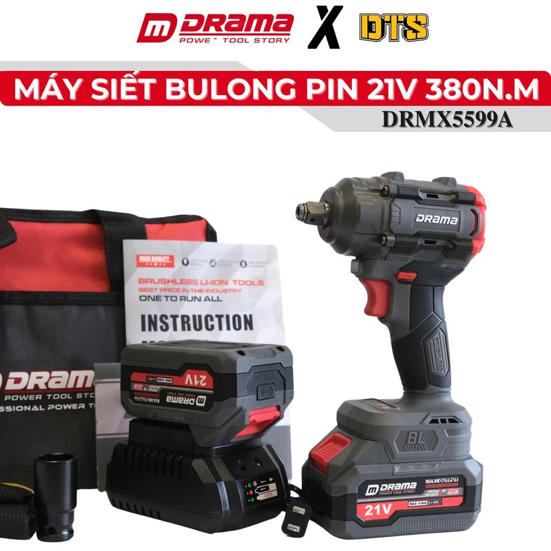 Máy siết bulong pin 21V đầu 2 trong 1 DRAMA DRMX5599A | Động cơ không chổi than bền bỉ, Lực siết 380N.m, 3 cấp chỉnh tốc. Tặng kèm túi vải