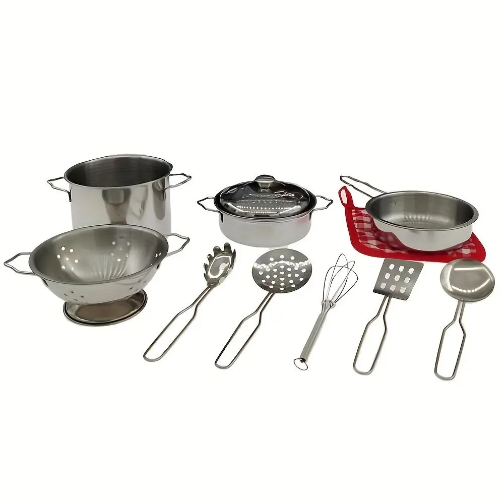 Stainless Steel Cookware Set, 11pcs/set Kitchen Frying Pan & Saucepan & Spatula, Pretend Play Cooking Toys for Gifts