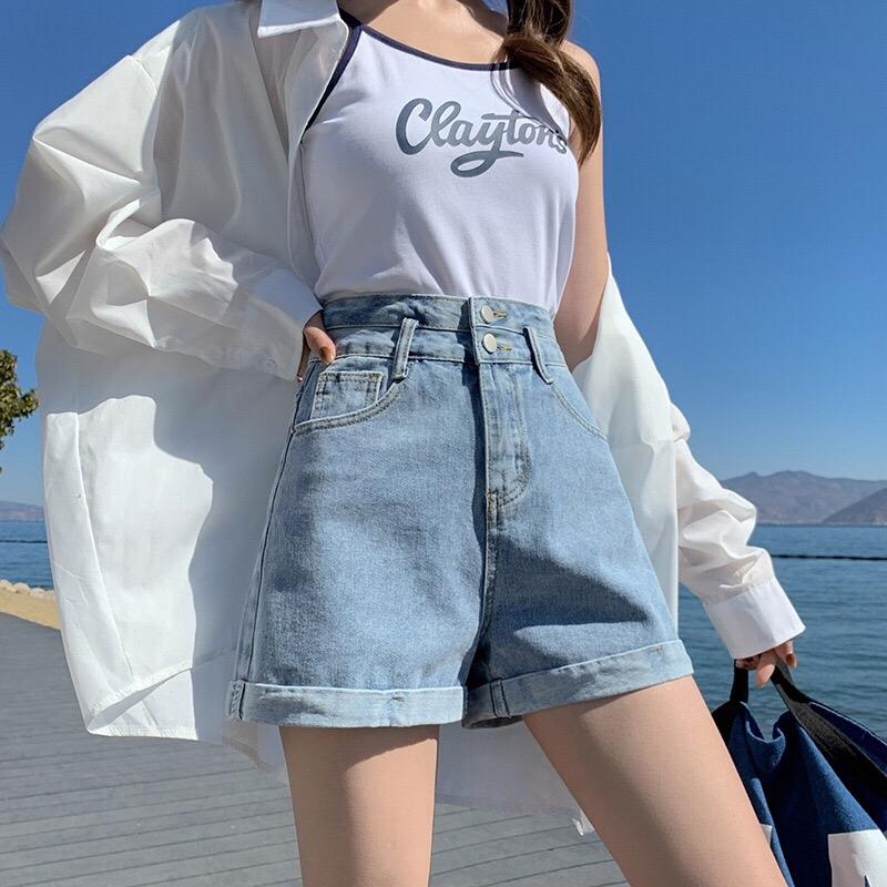 [Beevalue] Celana Pendek Jeans Wanita Highwaist Dua Kancing | Hotpants Highwaist Bahan Premium | Celana Jeans Wanita Tinggi Pinggang | Celana Jeans Wanita Highwaist Premium Korea | Shortpants Wanita (508) 1