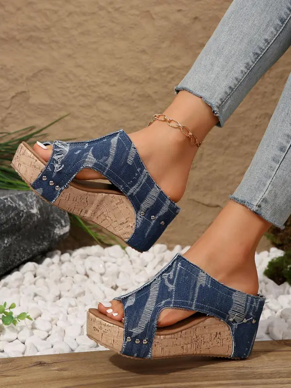 Women's Fashionable Denim Design Platform Sandals, Casual Comfortable Wedge Sandals for Beach, Fashion Shoes for Party, Daily Clothing Decor, Footwear 5