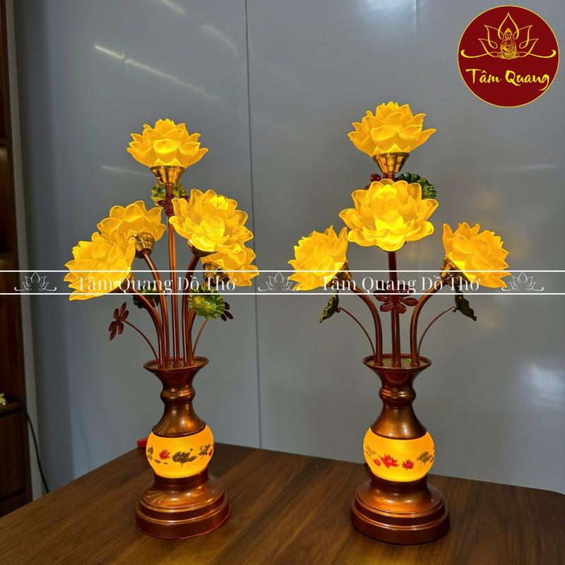 [ 1 Đôi ] Đèn Thờ Lưu Ly 5 Bông Chân Đế Màu Nâu Thân Sen Sáng Cao 60-70-80cm bảng  led dendecor