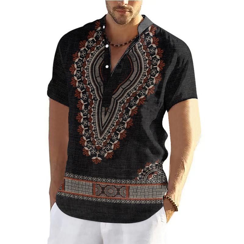 Product Introduction of 2025 New Year Ethnic Style Barong Shirt Men's Stand Collar Short Sleeve Top 3D Bohemian Traditional Retro Ethnic Clothes Outdoor Loose Breathable Quick-Drying Large Size Men's Clot 31