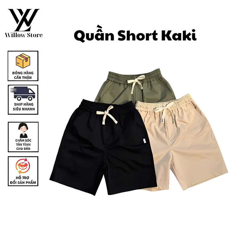 Quần Short Kaki Cạp Chun Basic Willow Store , Form Chữ A Trên Gối - Phù Hợp Mọi Lứa Tuổi 0