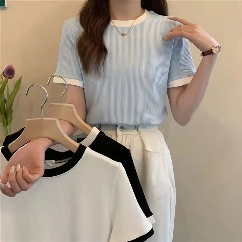 Áo Thun ngắn Tay Dệt Kim, Dành Cho Nữ, Co Giãn Mỏng Vừa Vặn, Màu Trơn Thích Hợp Để Xếp Lớp, Hàng Mới Về Mùa Hè 2024, Áo
