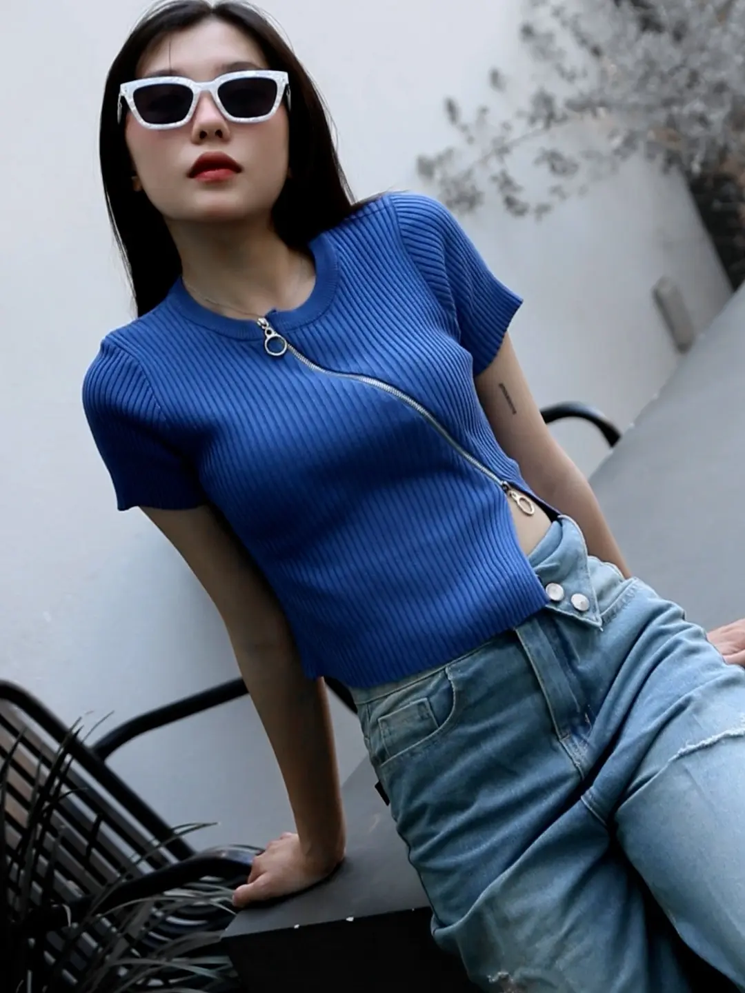 Áo len dệt kim mix khoá chéo ulzzang Nữ Women Nhung Top trắng thường áo daridari Sen