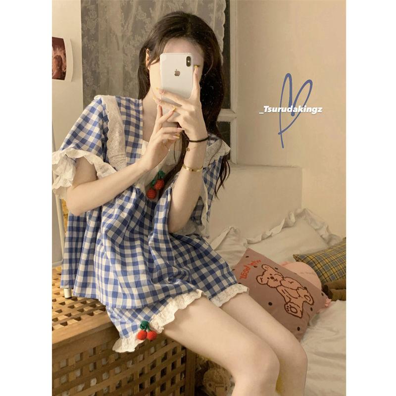  Bộ Đồ Ngủ Kẻ Sọc Anh Đào Ngọt Ngào Cho Bé Gái Bộ Đồ Mặc Nhà Hai Mảnh ngắn Tay Xếp Nhún Hàng Mới Về Mùa Hè 2022 Dành Cho Nữ 