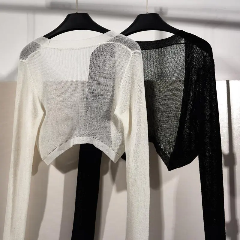 Áo Khoác Cardigan Dệt Kim Lụa Lạnh Mỏng Khăn Choàng Chống Nắng, Trang Phục Mùa Hè Cho Nữ, Phong Cách Hàn Quốc, Dáng Rộng Vừa Vặn, Áo Ngắn Màu Đen, Thời Trang 3