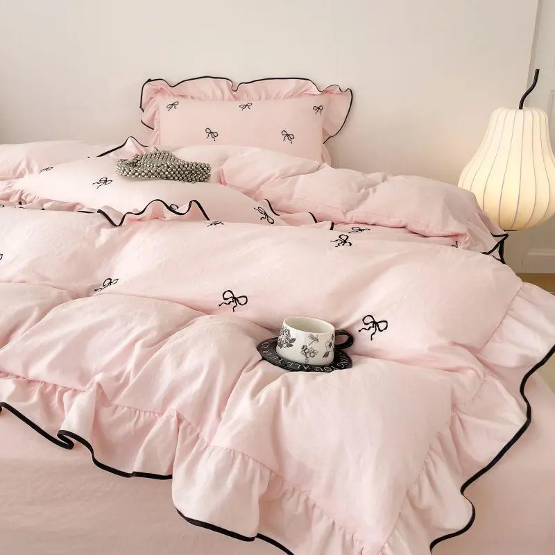 Bow Embroidery Bedding Set, 1 Count Duvet Cover & 2 Counts Pillowcases without Filler, Soft Comfortable Bedding Set for Home Bedroom Dormitory Hotel