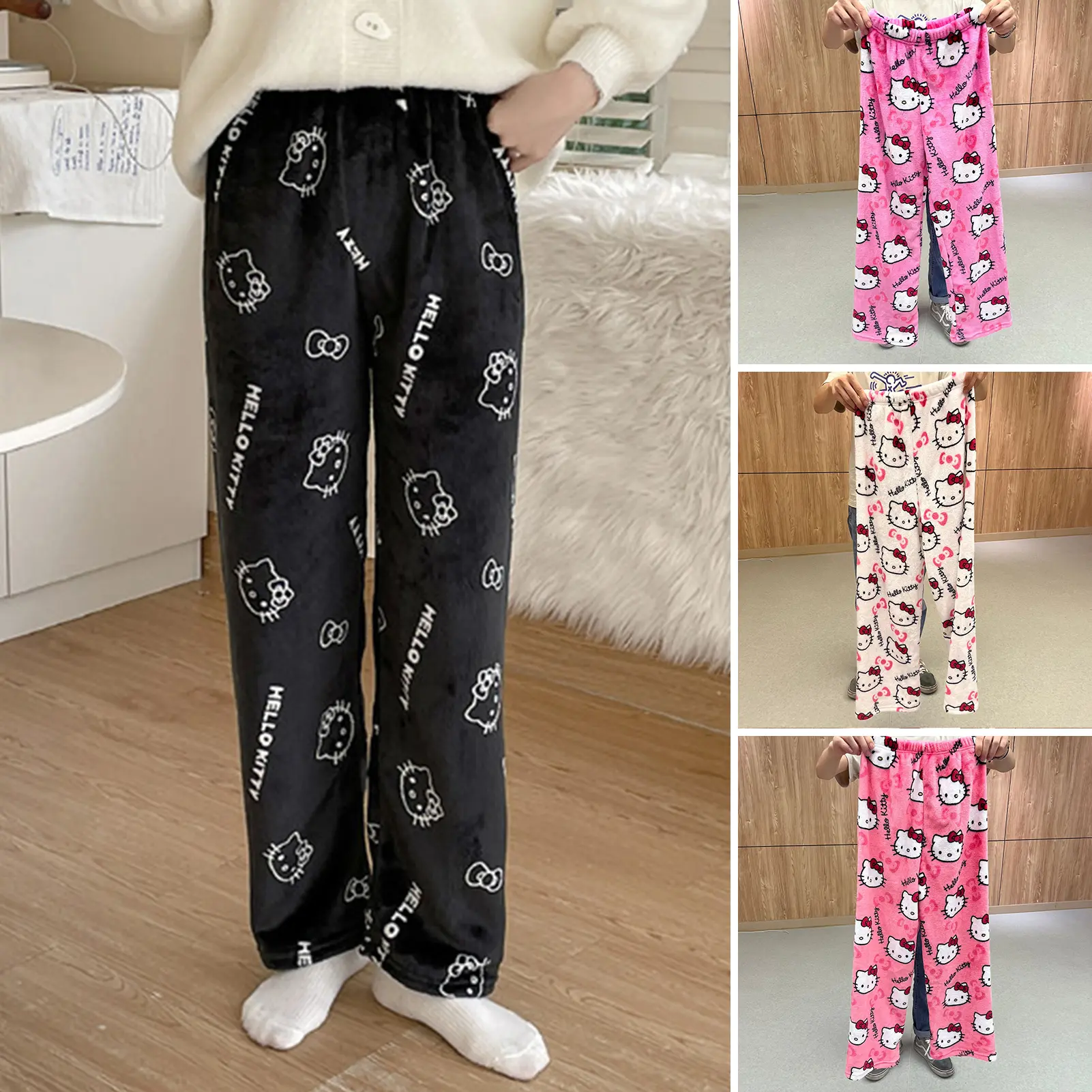 Women Pajama Pants Cartoon Kitty Print Thick Coral Fleece Soft Warm Elastic Waist Loose Homewear Sleepwear Long Trousers