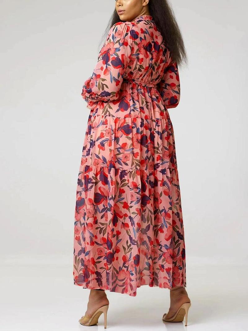 Product Introduction of Plus Size Floral Print Frill Chiffon Dress, Boho Elegant Ruffle Hem Flounce Sleeve A Line Dress for Holiday Vacation, Dresses for Women, Women's Clothes for All Seasons, Ditsy Floral Dress 2