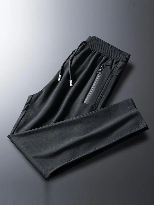 Men's Solid Pocket Drawstring Waist Black Pants, Casual Comfy Regular Fit Plain Trousers For Spring & Fall, Men's Bottoms For Daily Wear Outdoor Workout Exercise, Comfort Basic Menswear 0