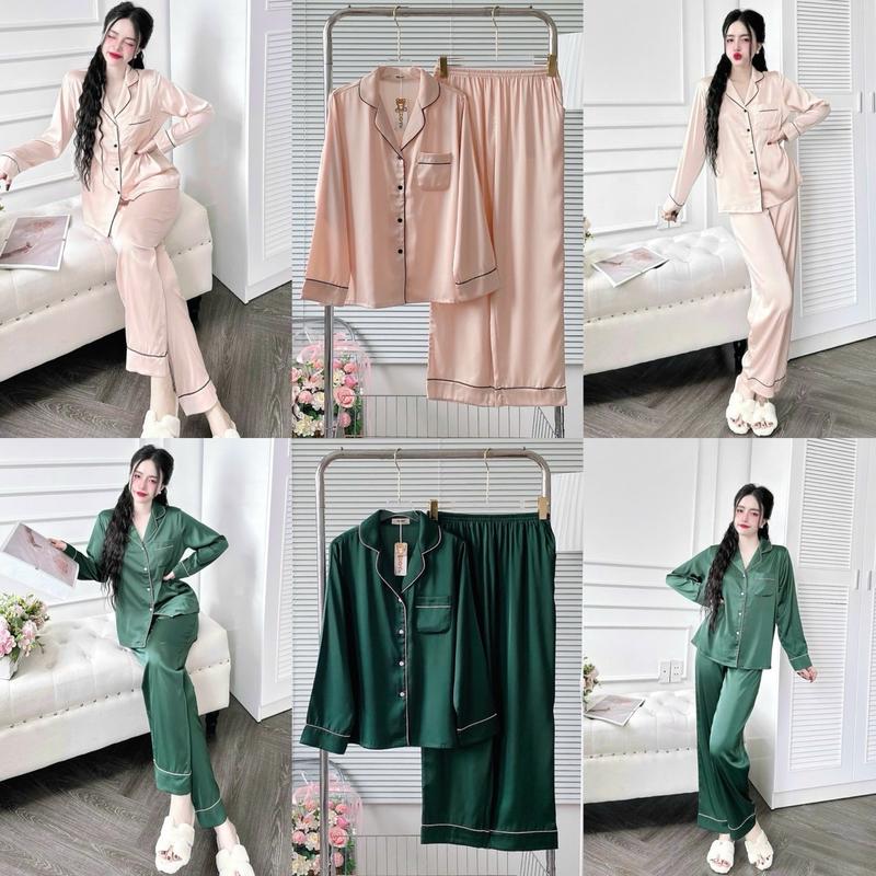 ĐỒ BỘ PIJAMA, Tay Dài Trơn, ĐỒ MẶC NHÀ, ĐỒ NGỦ NỮ. Đồ Bộ Trơn, Viền Màu, Có Túi Áo. QUẦN DÀI CÓ TÚI. VẢI LỤA LATIN CAO CẤP, MÀU TRƠN. Women Voi Kem do bolatin Nho 8