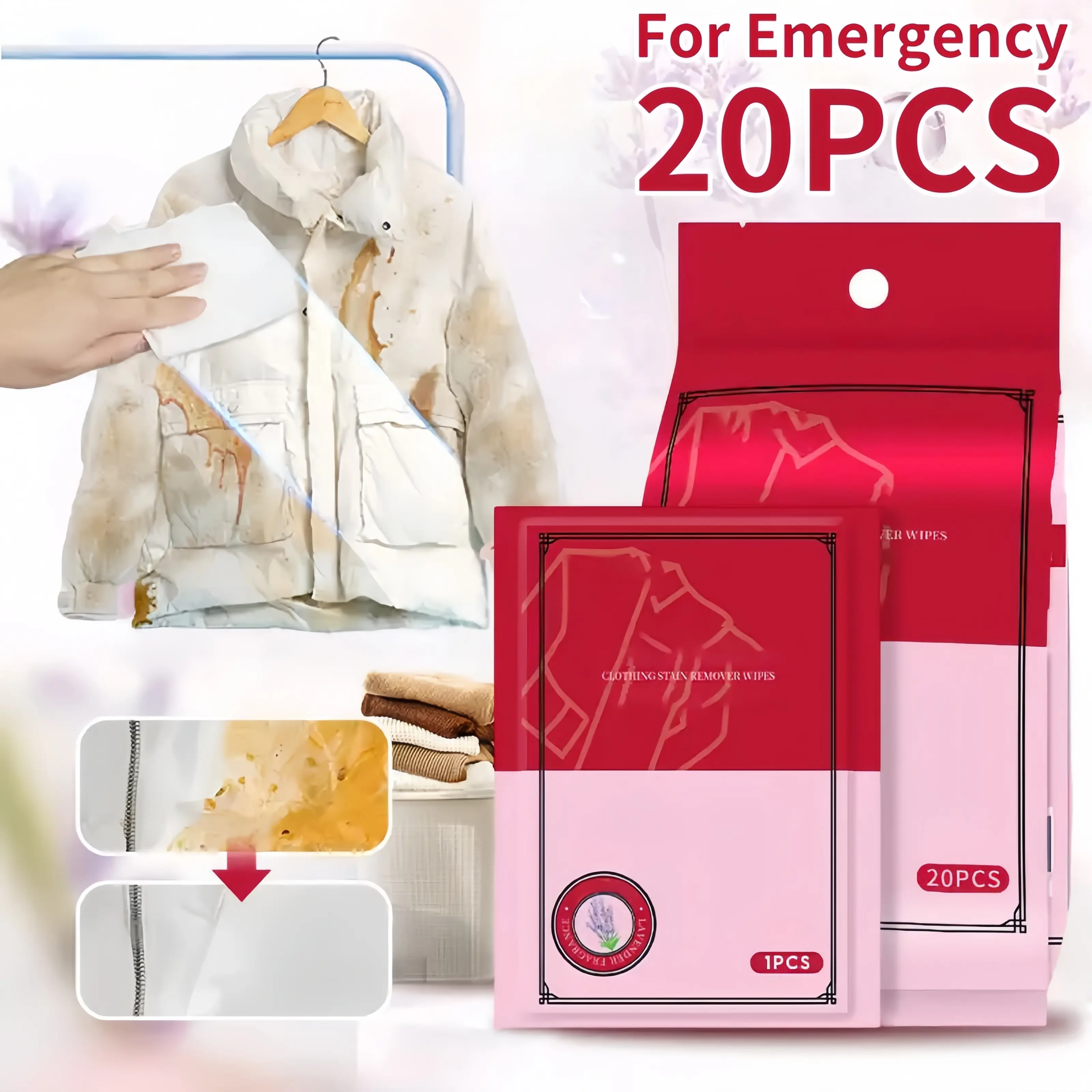 20Pcs Clothes Stain Removal Wipes No Water Clothes Cleaning Wipes Disposable Multi-Types Stains Removal Stain Decontamination Wipes