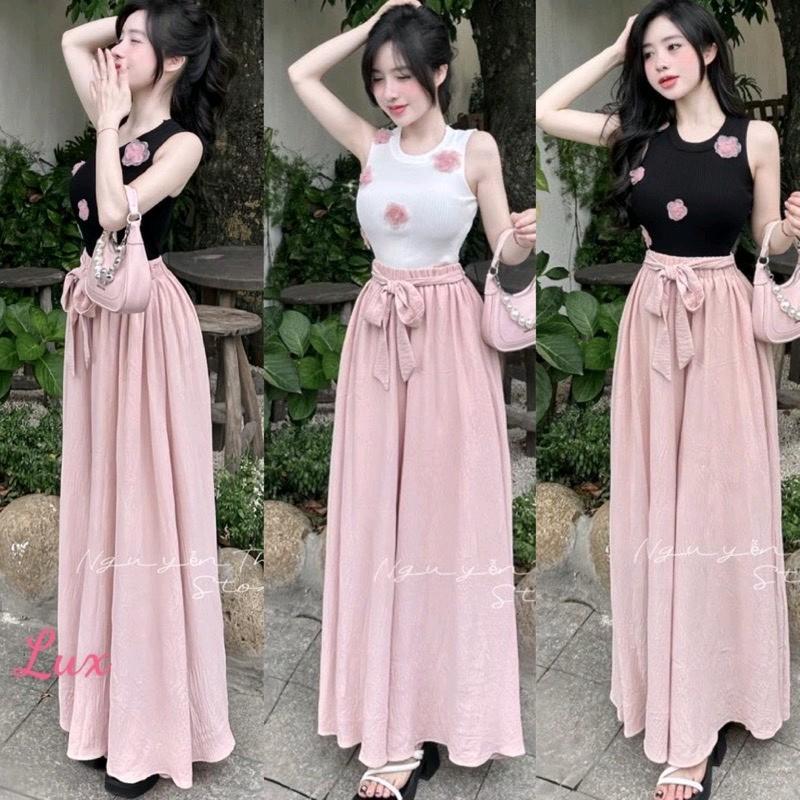 SET NỮ ÁO THUN TĂM GẮN HOA KÈM QUẦN MANGO CỘT DÂY ỐNG RỘNG TÔN DÁNG