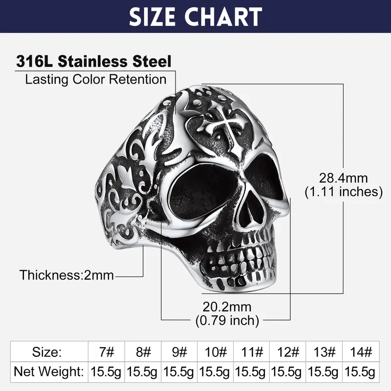 FaithHeart Masculine Skull Ring Stainless Steel Skull Skeleton Band Biker Ring for Men Springtok 8