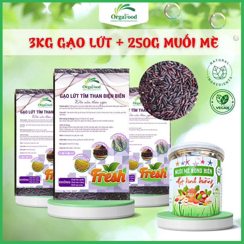 3kg gạo lứt đen (tím than) Điện Biên Orgafood, dẻo mềm thơm, ăn thực dưỡng, ăn chay Food