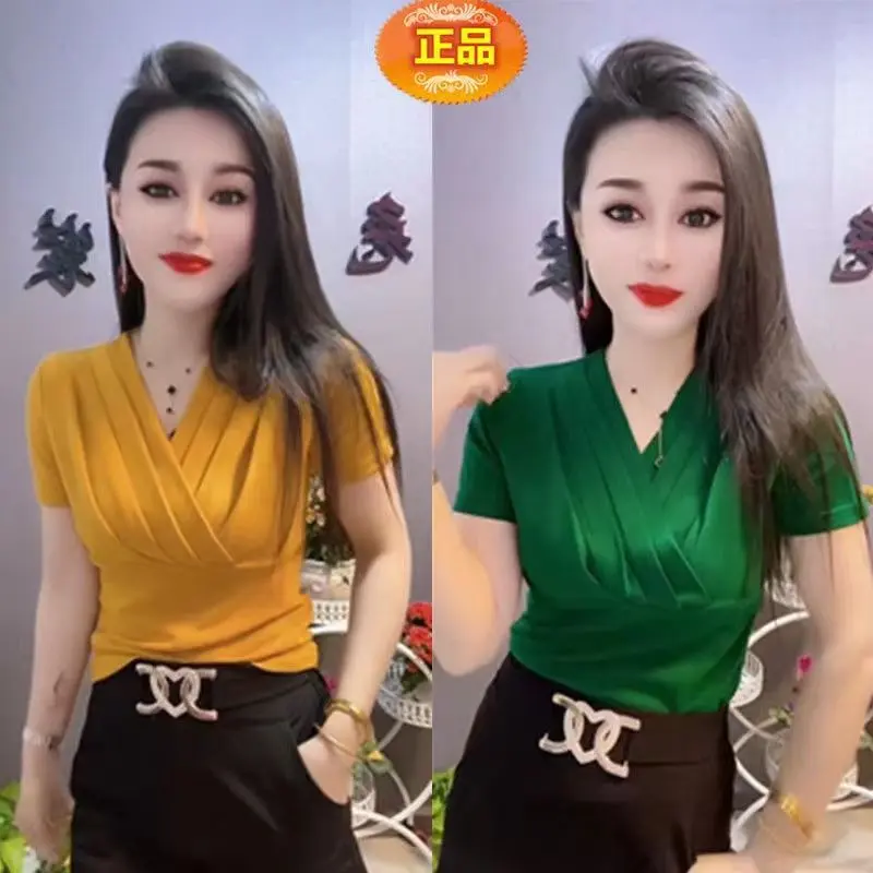 Áo Mùa Hè Mới Cho Nữ, Màu Trơn, Nhúm Xếp Li, Chéo, Cổ Chữ V, Tay Ngắn, Thanh Lịch, Kiểm Soát Bụng, Áo Sơ Mi Đa Năng