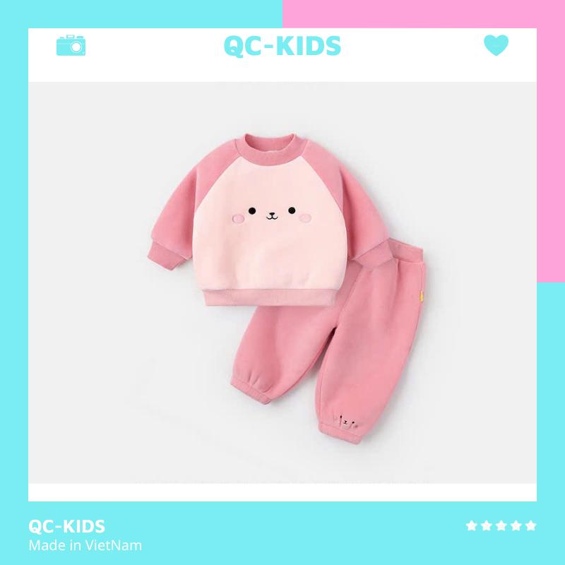Bộ quần áo thu đông bé trai bé gái chất liệu nỉ bông tàu họa tiết mắt thỏ hồng cho bé 8-18kg