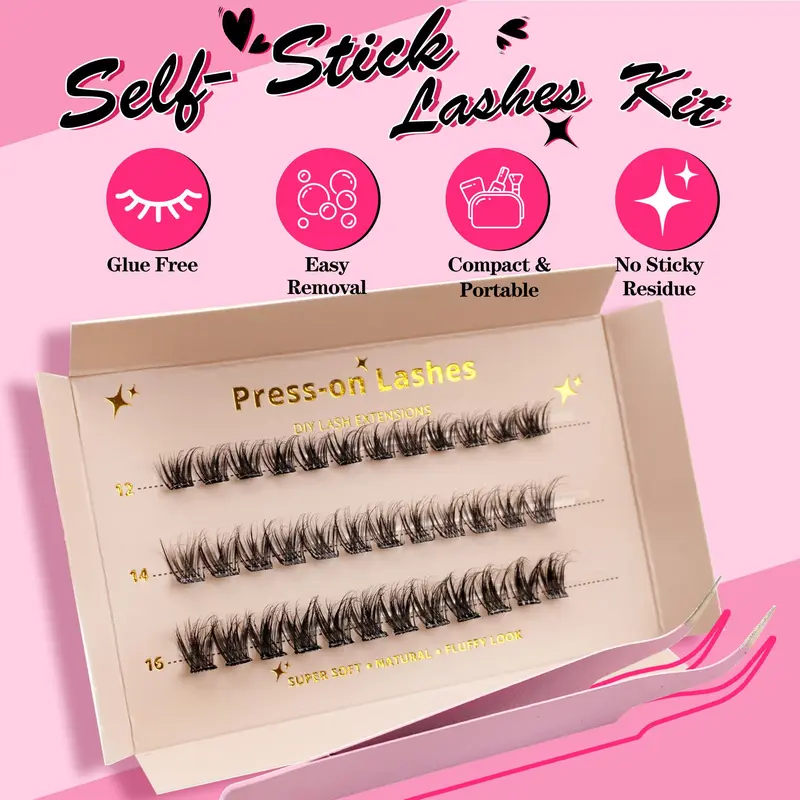 Self-adhesive Eyelash Extensions Kit, 1 Set Natural Look Eyelash Extensions, Self-adhesive Eyelashes, Eye Makeup Product for Women & Girls, Cosmetic 4