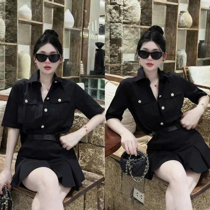 Sét nữ áo sơ mi phối túi, chân váy xếp ly chất vải kaki kèm dây nịt thích hợp cho các nàng đi chơi phố, đi dự tiệc kiểu dáng sang trọng, thanh lịch