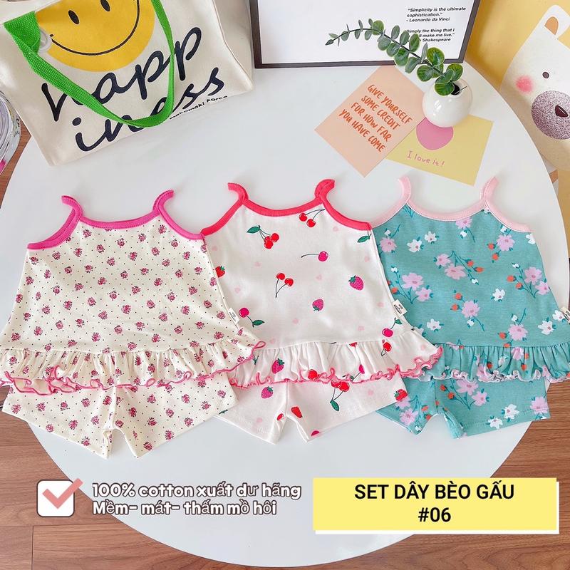 Set 3 bộ quần áo 2 dây cho bé chất coton xuất mền mịn mát thấm hút mồ hôi cho bé hoạ tiết xinh yêu sz 7-16kg 8