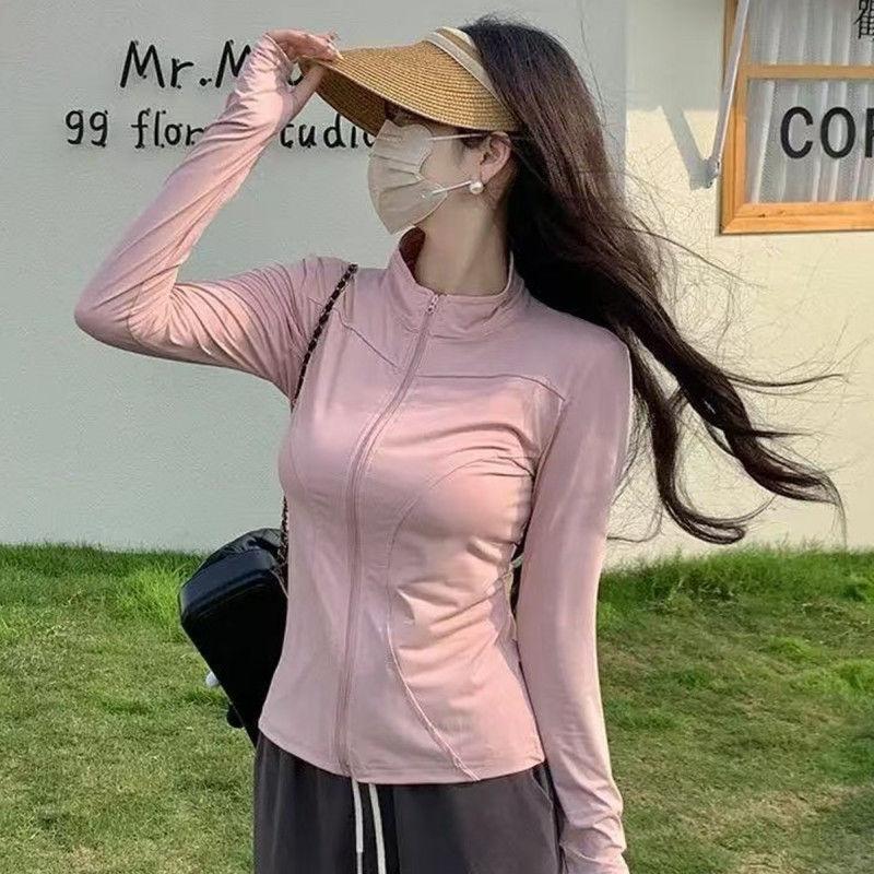 Áo Tập Yoga, Dáng Ôm, Cổ Chân Đế, Chống Nắng, Làm Bằng Lụa Lạnh, Nhanh Khô, Dài Ngắn, Dành Cho Nữ, Thích Hợp Cho Mùa Hè, Mỏng, Thích Hợp Cho Các Hoạt Động Ngoài Trời Như Đạp Xe Và Chạy Bộ, Có Chống Tia Cực Tím, Hàng Đầu 2