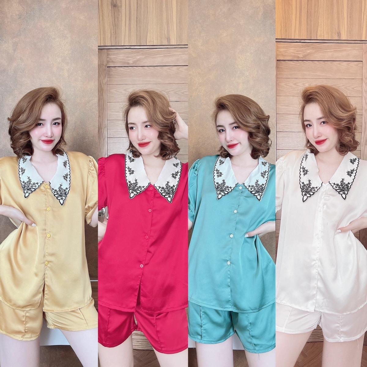Đồ Bộ - Đồ Ngủ Đùi Pijama Bigsize 50-100kg Vải Lụa Phối Satin Thêu Nữ Áo Ngủ Women Quần Ngủ - A.5011