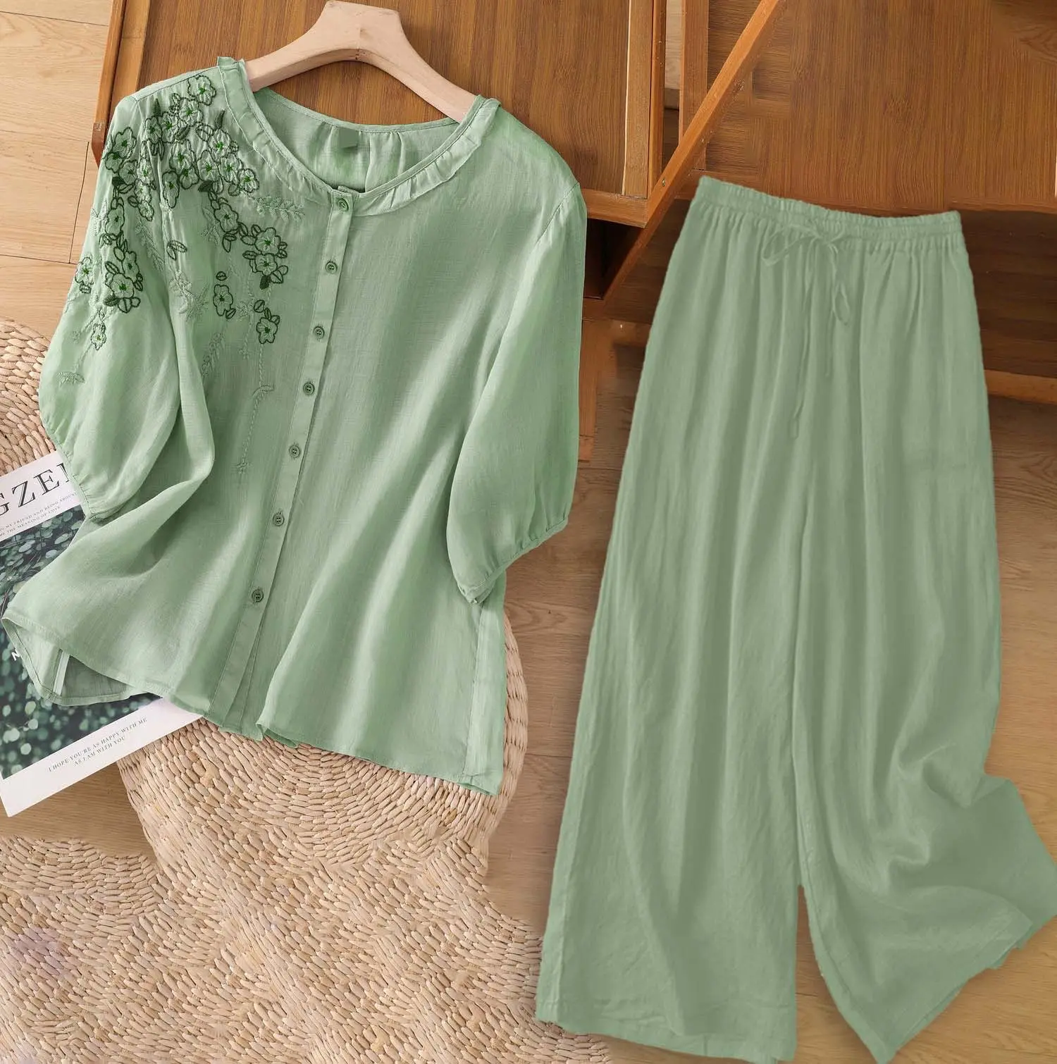 ( Mã G2 ) Mãu đũi Linen Họa tiết thêu hoa mai quần dài phom suông mặc 4 mùa Nữ Women