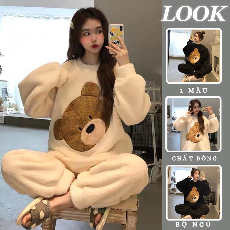 Bộ đồ ngủ bông mặc ở nhà dài tay mùa đông nữ chất lông mềm mịn hình mặt gấu cute dày dặn siêu ấm hàng Quảng Châu-BNB04