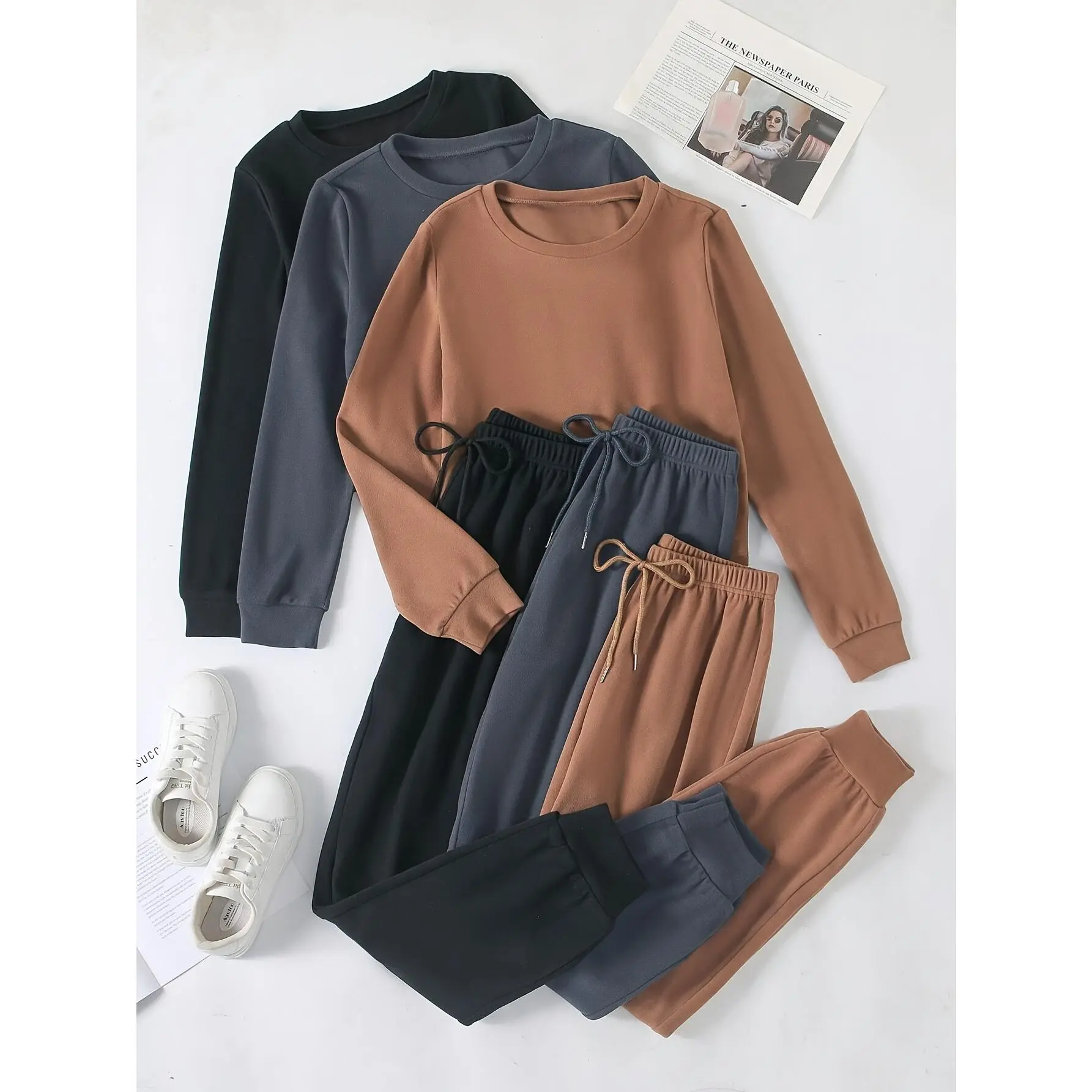 3 Sets of Cozy Women's Solid Casual Lounge Sets - Long Sleeve Round Neck Tops & Jogger Pants for Fall - Comfortable Relaxed Fit, Soft Fabric, and Versatile Style