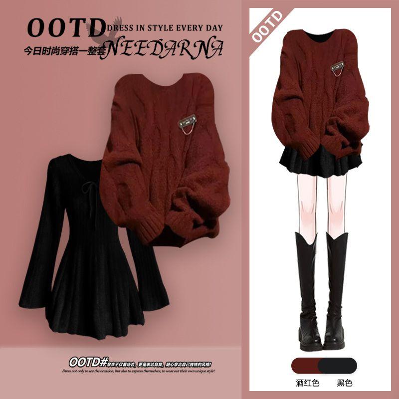 Product Introduction of Winter Set Women's 2024 New Gentle Knitwear Sweater with Pure Desire Style Dress Slim Two-Piece Set 17
