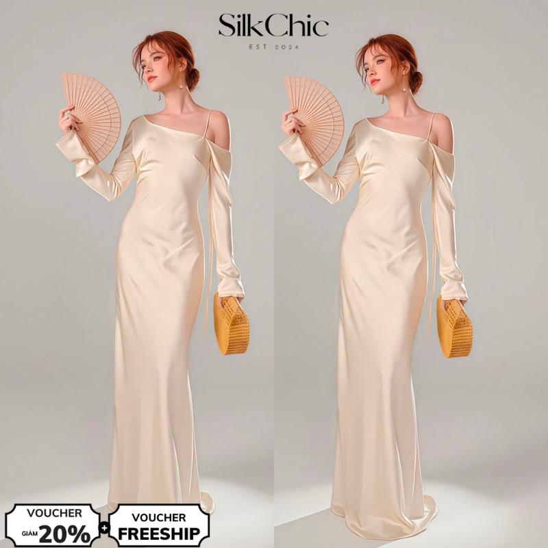 Đầm Lụa Dự Tiệc Tay Dài Trễ Vai Phối Thắt Nơ Sang Trọng SC792 Váy Lụa Lệch Vai Dài Tôn Dáng Thanh Lịch