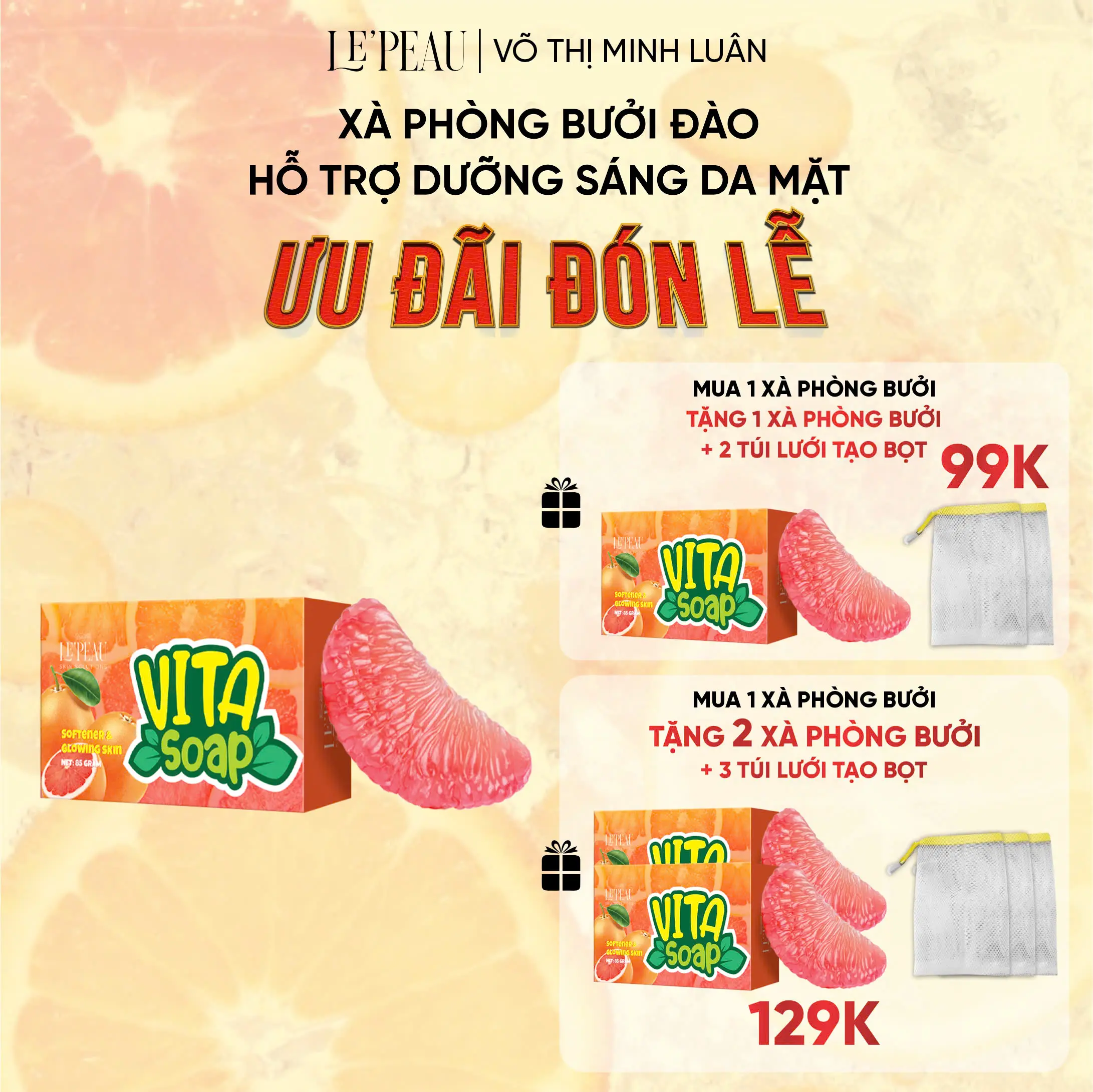 VITA SOAP - [ mua 1 tặng 1 ] Soap Hỗ Trợ Sáng Da, Xà Phòng Hỗ Trợ Sáng Da Mặt & Body - Tặng Lưới Tạo Bọt - Khối Lượng 85gr - LE'PEAU