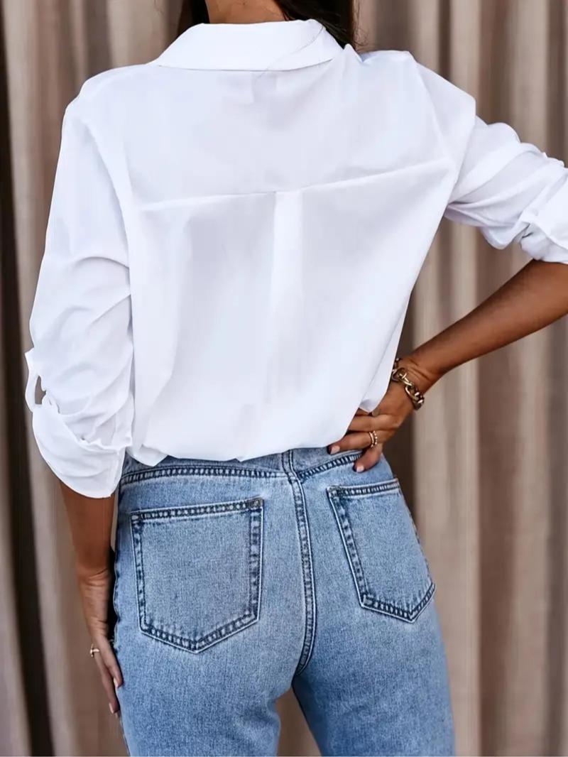 Product Introduction of Women's Plain Button Front Roll Up Sleeve Blouse, Casual Long Sleeve Collared Top for Spring & Fall, Ladies Clothes for Daily Wear 13