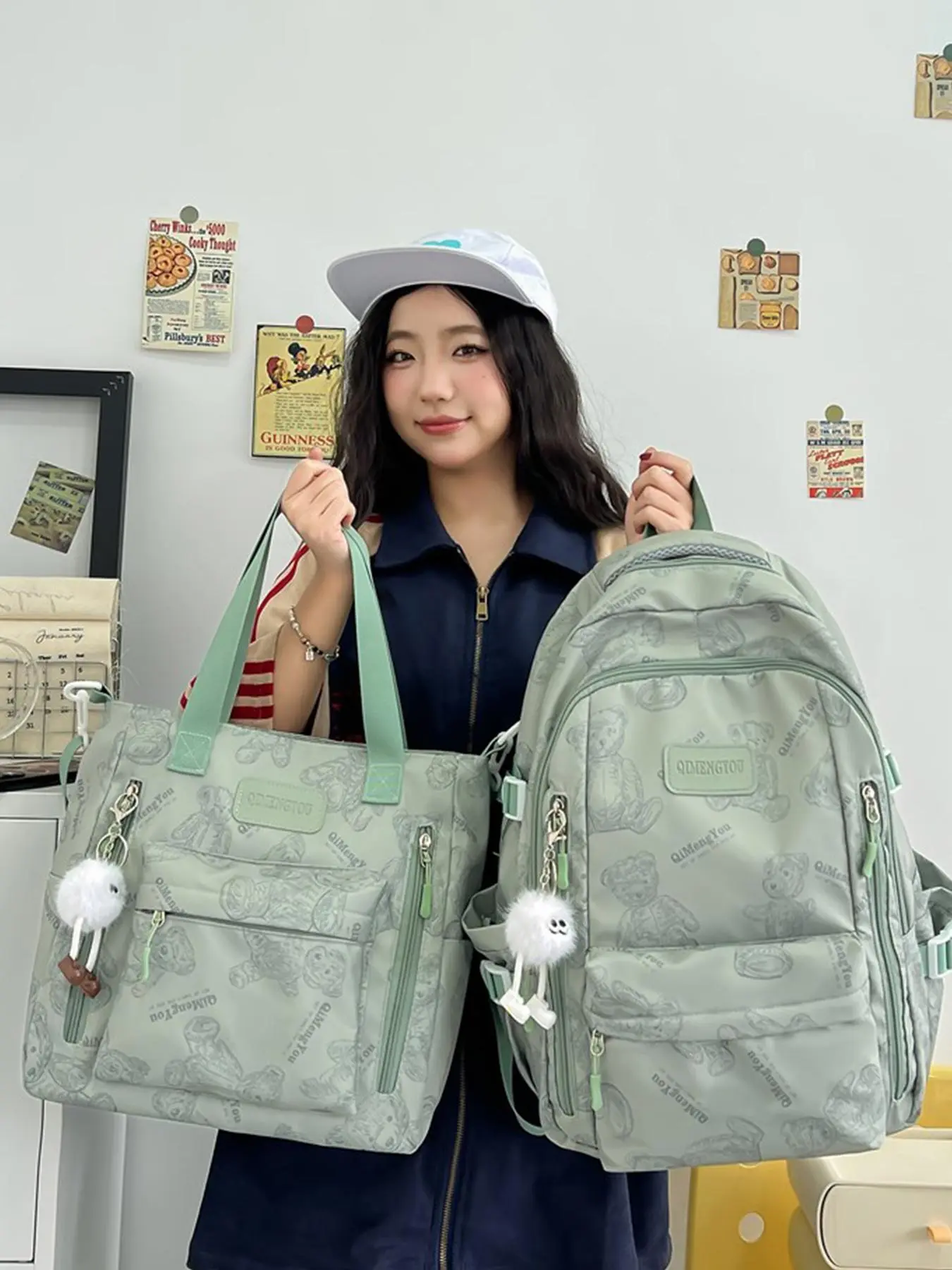 Women's Cartoon Bear Pattern Backpack & Shoulder Bag Set, with Cute Bag Charm, Versatile Letters Patched School Bag Set, Trendy Daily Commuting Bag Set