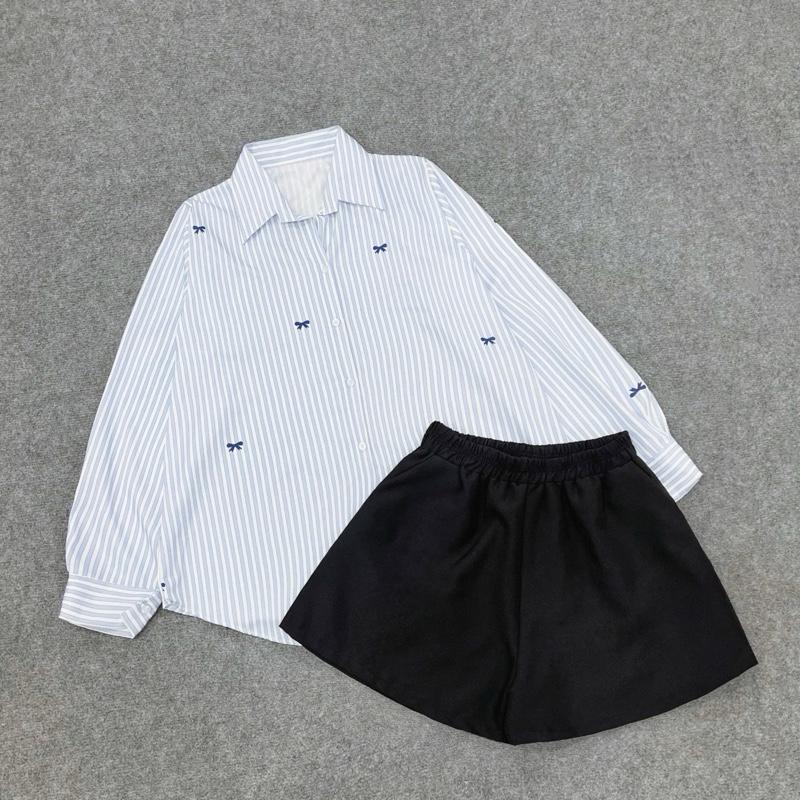 Set Sơ Mi Bigsize Áo Sơ Mi Kẻ In Nơ Vải Mềm Phối Quần Short Lưng Cao Dáng A Phong Cách Cá Tính Ch Chuppy (50-95Kg) SM181 Q500