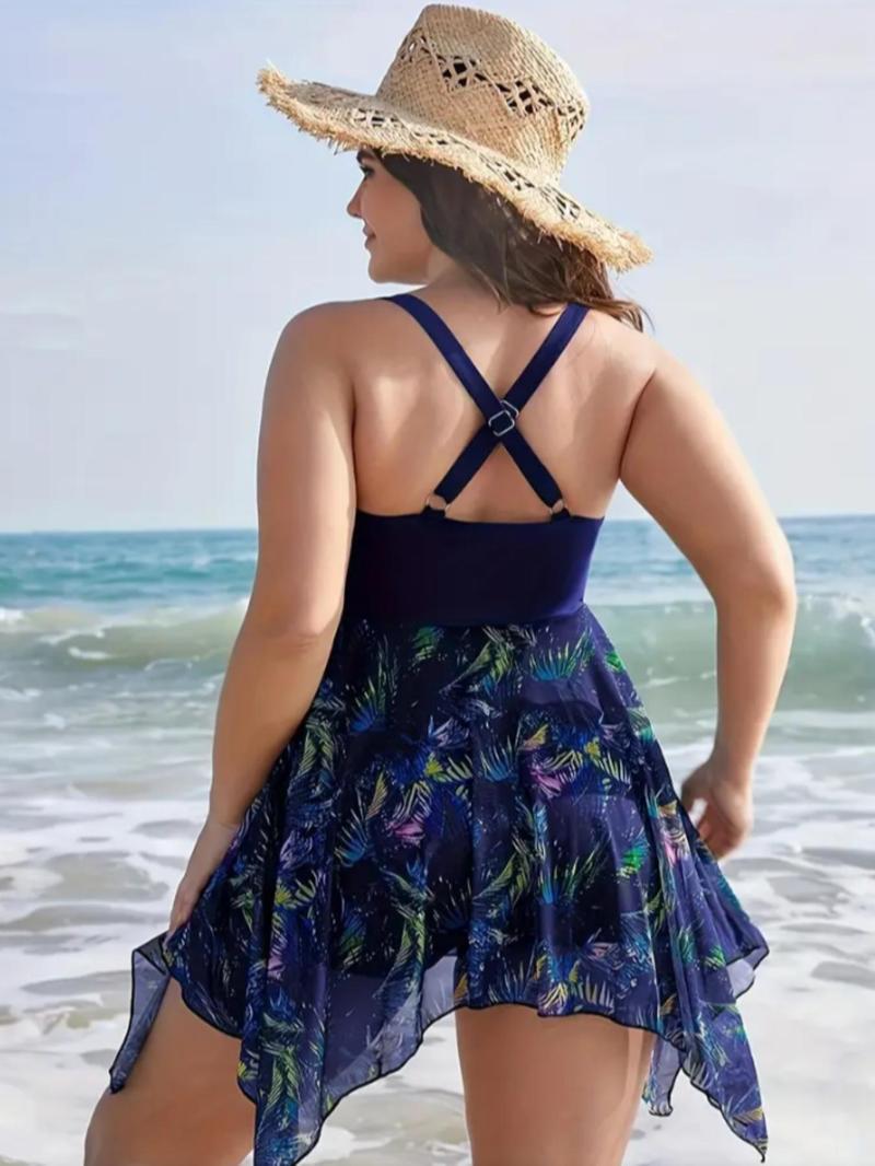 Product Introduction of Plus Size Criss Cross Drawstring Ruched Tankini Set, Boho Style Sleeveless Tank Top & Skinny Shorts, Women's Two-piece Swimsuit for Summer Beach Holiday Vacation 2