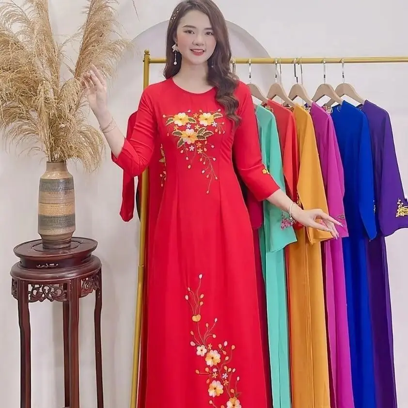 Áo dài truyền thống tằm ý thêu hoa cao cấp đủ các  màu LM10 Nhung Nữ Voi Women Dress Voan Đỏ