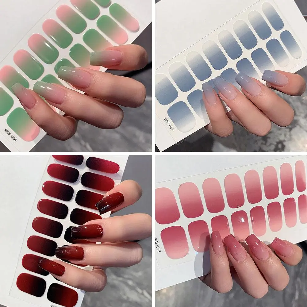 16 Pcs/Set Gradient Semi-Cured Gel Nail Strips Patch Fashion DIY Adhesive Waterproof Full Stickers Nails Wraps Beginners
