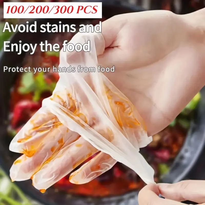 100/200/300 Easy-to-use Disposable Gloves - Disposable Food Preparation Gloves, Transparent, Suitable for Food Service, Cleaning, Food Processing, 1