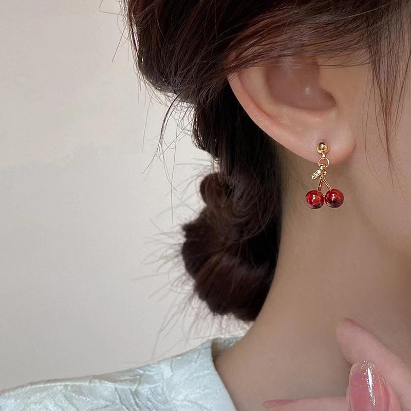Product Introduction of Necklace Earrings 925 Silver Red Cherry Earrings Simple and Compact Temperament Wild Ins Style High Sense Ornament 1